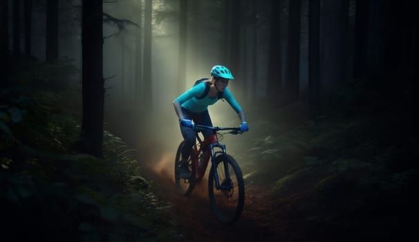 sunset woman tree exercise cycle ride summer trail sport bicycle fitness forest wood dark biker walking cycling riding bicyclist park bike. Generative AI.