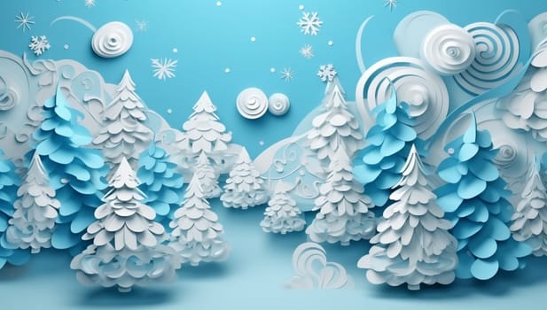 background paper new tree snow landscape beautiful creative blue year concept origami snowflakes card christmas cartoon winter cut merry decoration art greeting. Generative AI.