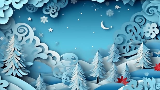 snowflakes paper art cardboard festive white christmas origami greeting cartoon template scene merry tree blue celebration decorative beautiful background star winter. Generative AI.
