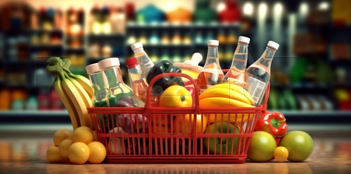 consumer online shopping supermarket retail consumption red basket good variety lifestyle merchandise shop grocery store background food delivery market sell. Generative AI.