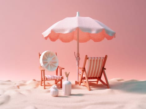 beach goggles striped design parasol umbrella sun holiday colorful season ball shore vacation retro summer sand pink three-dimensional chair sea. Generative AI.