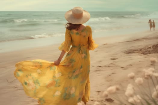 woman outdoor dress beauty attractive fashion holiday summer sea resort yellow model beach sunlight person sunset hippie lifestyle trendy beautiful sand. Generative AI.