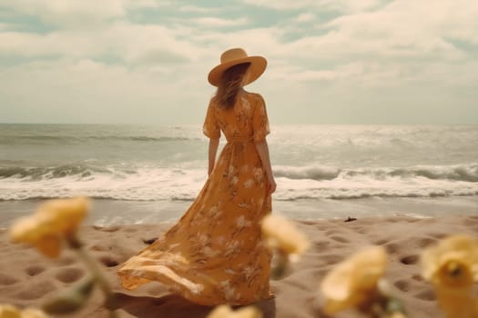 person woman girl dancing summer blue fashion vacation yellow beautiful pretty lifestyle dress vogue nature beach sky beauty hippie resort sea. Generative AI.