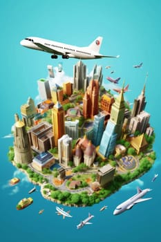 globe design concept plane aircraft usa europa symbol map city global business italy vacation illustration landmark earth vignetting journey travel. Generative AI.