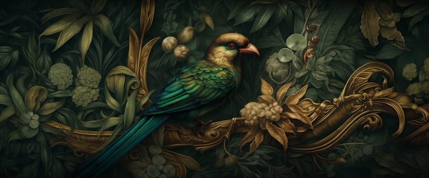 background isolated parrot exotic jungle flora interior wallpaper leaf brazil flower art retro palm tropical beige vacation bird nature design. Generative AI.