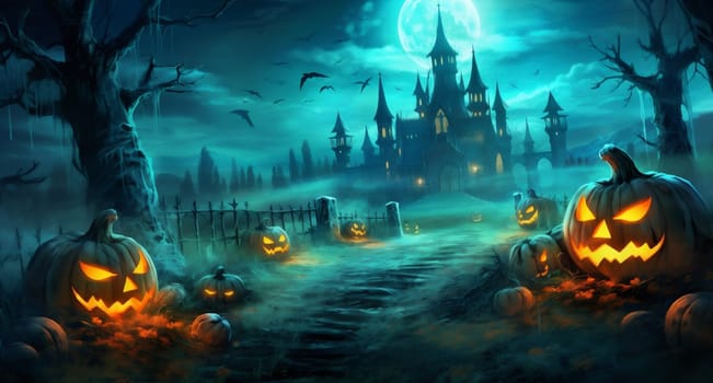 haunted pumpkin design dark horror mystery fear black silhouette holiday darkness moon night bat creepy cemetery graveyard grave tree halloween. Generative AI.