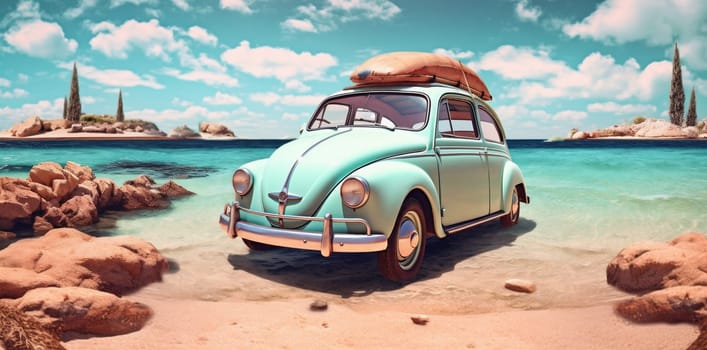 vintage transport transportation summer retro vehicle vacation sea travel car auto journey tropical leisure suitcase beach trip creative old road. Generative AI.