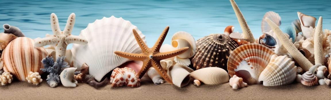 shell holiday beach relax white sand coral bright nature banner summer background vacation tropical exotic ocean sea sale water generative. Generative AI.