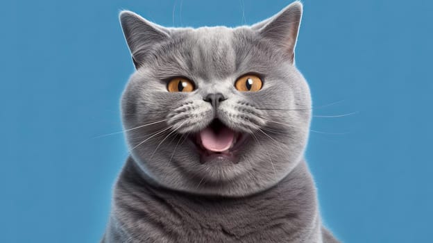 Funny portrait of happy smiling gray british short hair cat with opened mouth on Isolated blue background, look at camera.