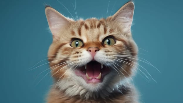 Funny portrait of happy kitty with opened mouth on Isolated blue background, look at camera.