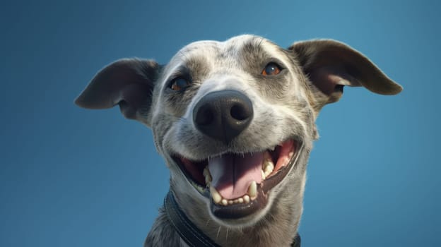 Funny portrait of happy gray mongrel dog with opened mouth on Isolated blue background, look at camera.