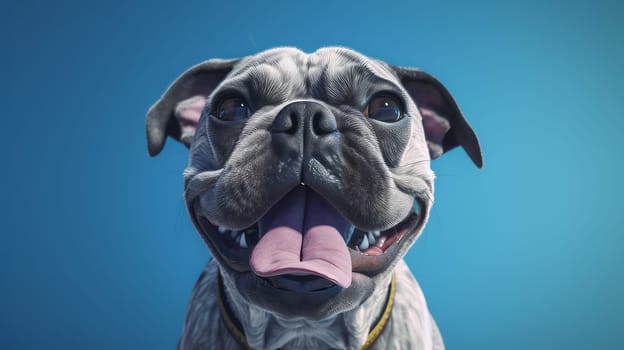 Funny portrait of a happy French bulldog dog with its tongue hanging out on an isolated blue background.