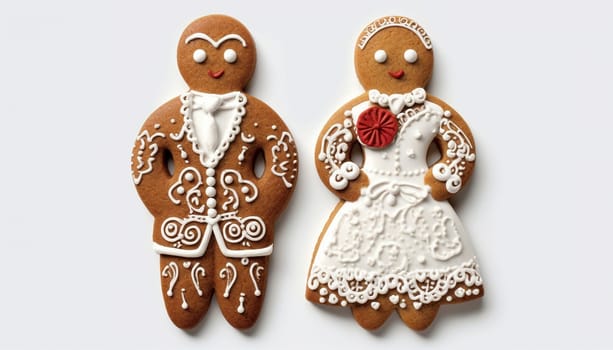 Gingerbread bride and groom cookies isolated on white background. Decorated Wedding Cookies. Married couple. Valentines,Christmas concept Copy space