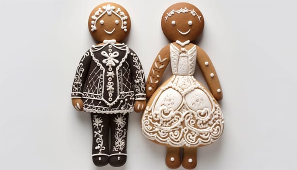 Gingerbread bride and groom cookies isolated on white background. Decorated Wedding Cookies. Married couple. Valentines,Christmas concept Copy space