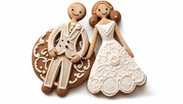 Gingerbread bride and groom cookies isolated on white background. Decorated Wedding Cookies. Married couple. Valentines,Christmas concept Copy space