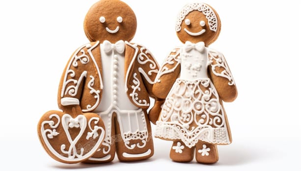 Gingerbread bride and groom cookies isolated on white background. Decorated Wedding Cookies. Married couple. Valentines,Christmas concept Copy space