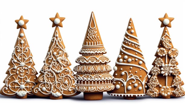 Gingerbread Christmas tree cookies. Set of cute gingerbread cookies for christmas. Isolated on white background. illustration. Copy space