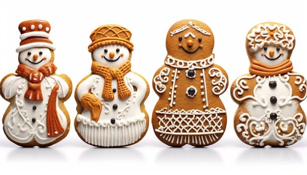 Christmas snowman shaped gingerbread cookies isolated on white background, Merry Christmas concept