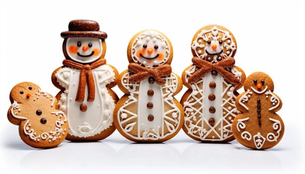 Christmas snowman shaped gingerbread cookies isolated on white background, Merry Christmas concept