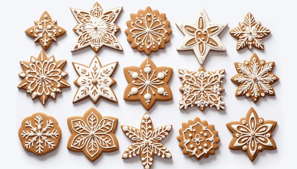Gingerbread snowflake cookies. Cookies gingerbread in shape of star and snowflake with sugar glazed in a cartoon style. Festive sweet cookies on white background. Homemade dessert. illustration cute