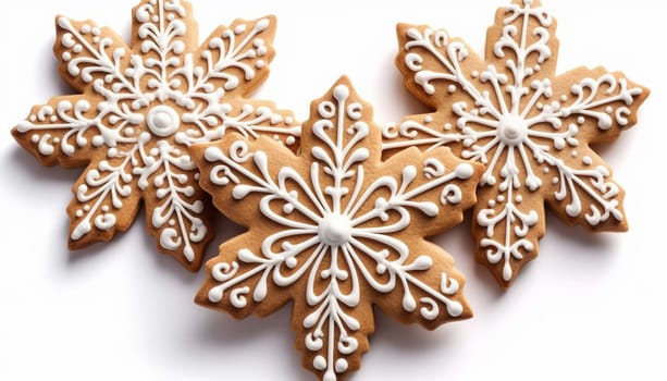 Gingerbread snowflake cookies. Cookies gingerbread in shape of star and snowflake with sugar glazed in a cartoon style. Festive sweet cookies on white background. Homemade dessert. illustration cute