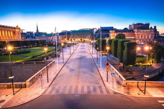 Stockholm Norrbro street scenic evening view, capital of Sweden