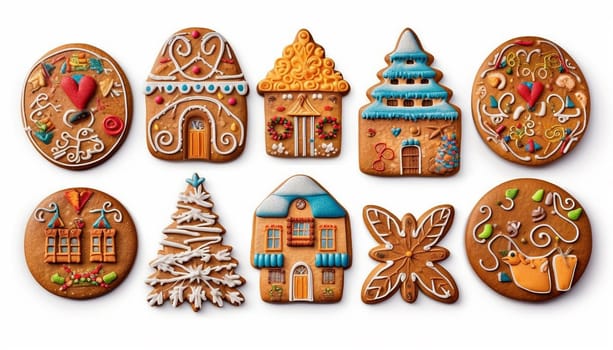 Christmas Gingerbread Cookie. Set of winter sweet homemade biscuits in the form of different characters and holiday items isolated on white background. Cute Cartoon illustration cute