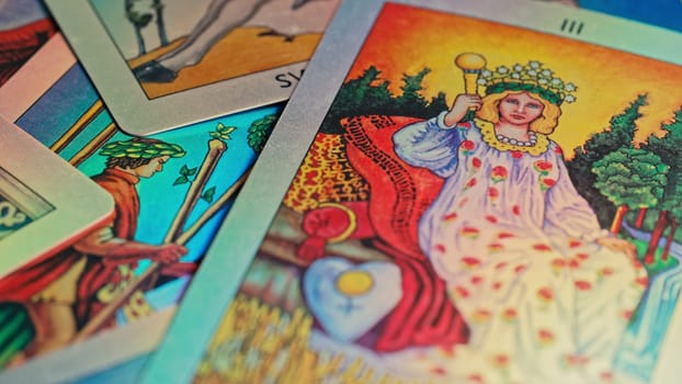 Tarot deck, consultation on predicting future destiny at witch. Fortune teller, medium, divination cards.