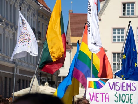 TALLINN, ESTONIA - JUNE, 10, 2023: gay pride parade of freedom and diversity, happy participants walking. Baltic Pride is an annual LGBT festival