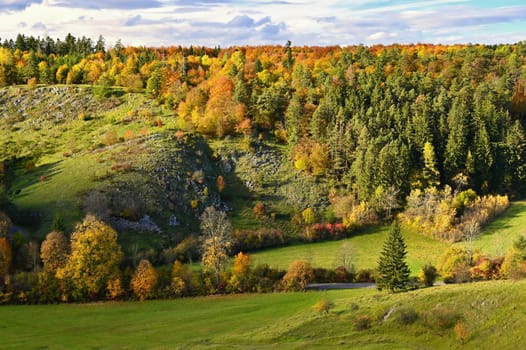 Beautiful colourful autumn landscape in the Czech Republic. Colorful trees in nature in autumn season. Seasonal concept for outdoor activities. 