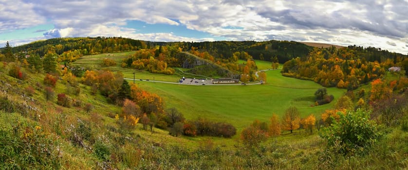 Beautiful colourful autumn landscape in the Czech Republic. Colorful trees in nature in autumn season. Seasonal concept for outdoor activities. 