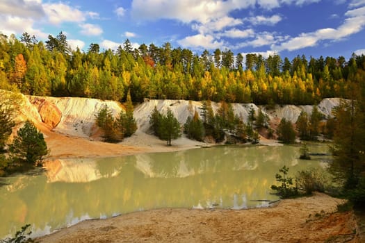 Beautiful colourful autumn landscape. Nature with forest and colourful trees in autumn. Concept for the season and the environment. 