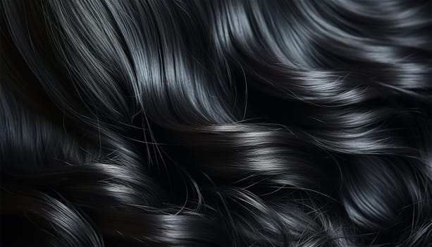 Black hair background texture model product. Female long dark hair in black. Beautifully laid curls. Closeup texture in a dark key. Hairdressing, hair care and coloring. Shading gray hair. Background with copy space. Concept for advertisement close up