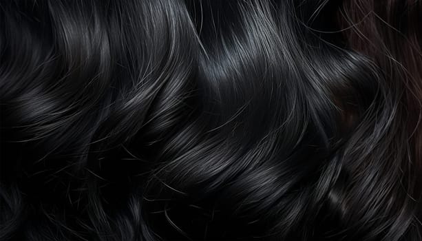 Black hair background texture model product. Female long dark hair in black. Beautifully laid curls. Closeup texture in a dark key. Hairdressing, hair care and coloring. Shading gray hair. Background with copy space. Concept for advertisement close up