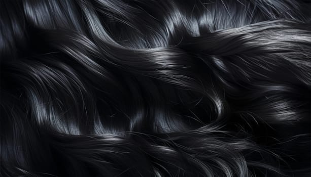 Black hair background texture model product. Female long dark hair in black. Beautifully laid curls. Closeup texture in a dark key. Hairdressing, hair care and coloring. Shading gray hair. Background with copy space. Concept for advertisement close up