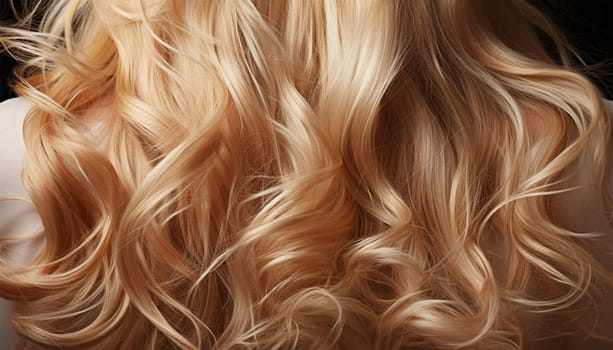 Blond hair background texture. Beauty product advertisement concept. Blond hair close-up as a background. Women's long blonde hair. Beautifully styled wavy shiny curls. Hair coloring. Hairdressing procedures, extension. Closeup