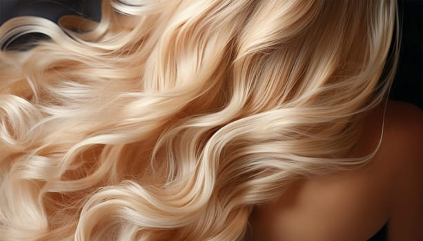 Blond hair background texture. Beauty product advertisement concept. Blond hair close-up as a background. Women's long blonde hair. Beautifully styled wavy shiny curls. Hair coloring. Hairdressing procedures, extension. Closeup