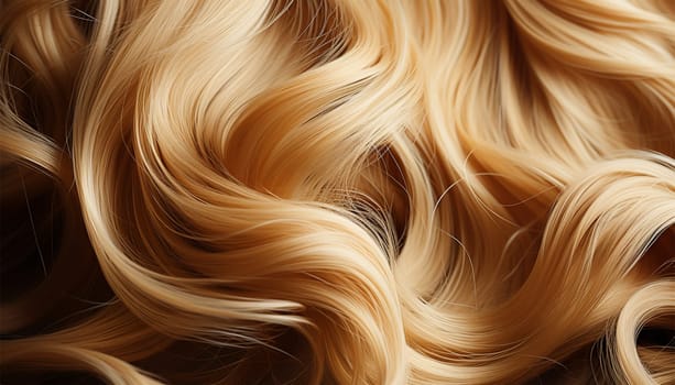 Blond hair background texture. Beauty product advertisement concept. Blond hair close-up as a background. Women's long blonde hair. Beautifully styled wavy shiny curls. Hair coloring. Hairdressing procedures, extension. Closeup