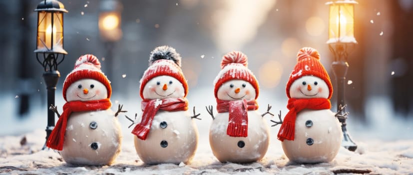 Merry Christmas and happy New Year greeting card with copy-space.Many snowmen standing in winter Christmas landscape.Winter background.