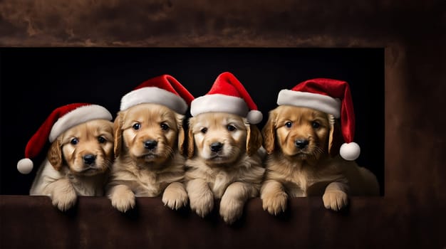 Super cute puppies wearing Santa Claus Christmas hat. group of adorable puppies wearing Christmas costumes copy space. Merry Christmas concept background Space for text