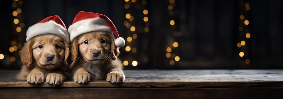 Super cute puppies wearing Santa Claus Christmas hat. group of adorable puppies wearing Christmas costumes copy space. Merry Christmas concept background Space for text