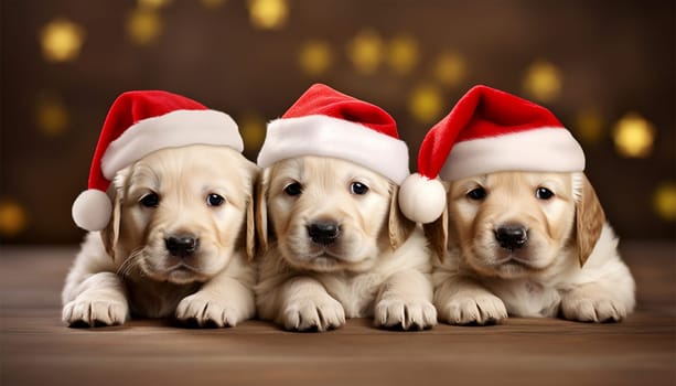 Super cute puppies wearing Santa Claus Christmas hat. group of adorable puppies wearing Christmas costumes copy space. Merry Christmas concept background Space for text