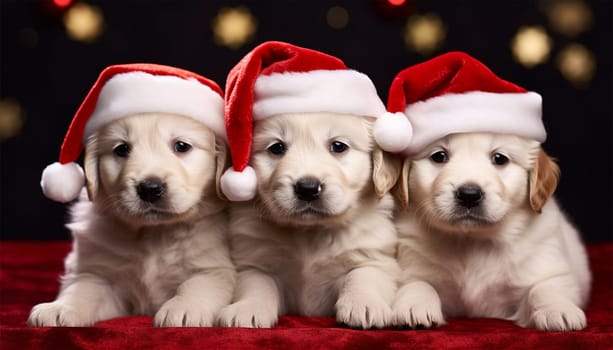 Super cute puppies wearing Santa Claus Christmas hat. group of adorable puppies wearing Christmas costumes copy space. Merry Christmas concept background Space for text