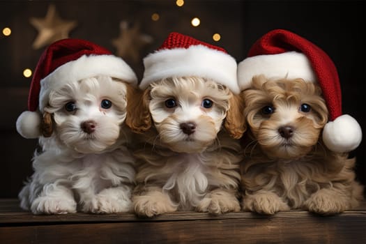 Super cute puppies wearing Santa Claus Christmas hat. group of adorable puppies wearing Christmas costumes copy space. Merry Christmas concept background Space for text