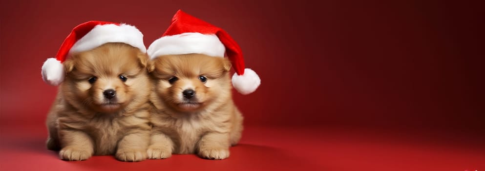 Super cute puppies wearing Santa Claus Christmas hat. group of adorable puppies wearing Christmas costumes copy space. Merry Christmas concept background Space for text