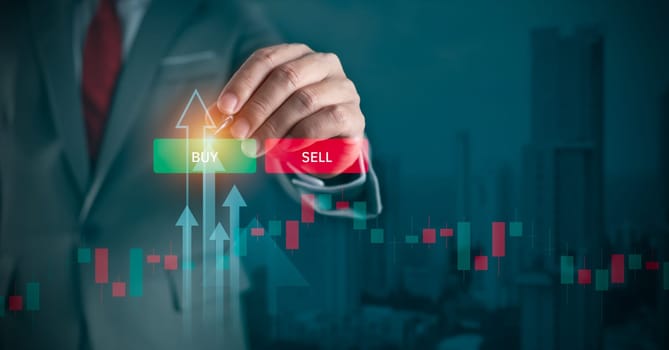 Stock market, Business growth, progress or success concept. Businessman or trader is showing a growing virtual hologram stock, invest in trading.