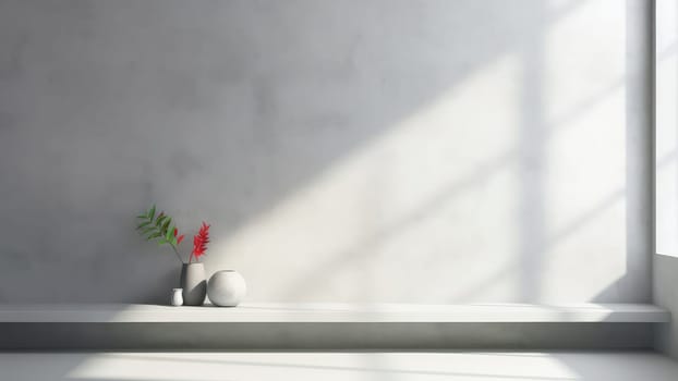 3D interior rendering of a potted plant on built-in white concrete shelving in living room. The living room is spacious and has a lot of natural light.