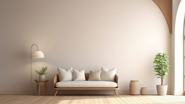 3D rendering of a couch cushion on a wooden bench in the living room.   The living room is spacious and has a lot of natural light.