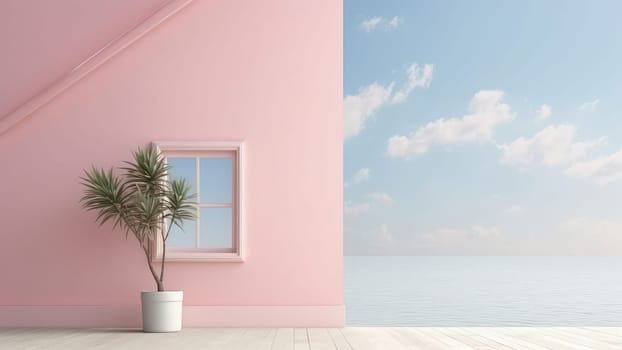 3D rendering of a pink house model is simple in design with a sea sky scenery.