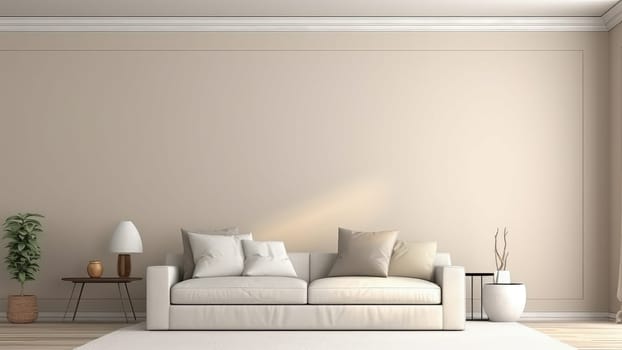 3D rendering of a white upholstery sofa in living room. The room is empty and has a lot of natural light.